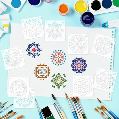 MWOOT 56 Pcs Mandala Stencils, Floral Templates for Painting on Wood, Tile, Stone, Canvas, Floral Stencils for Crafts Reusable, DIY Crafts Scrapbook Decor, 7.62x7.62 CM