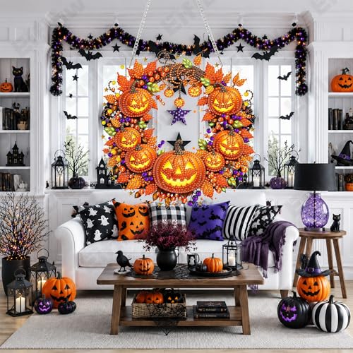 Eiflow Acrylic Diamond Art Hanging Kit for Adults, DIY Diamonds Painting Door Hanger Board Kit, Special Crystal Diamond Art Painting Pendant Ornament (Pumpkin Wreath) - color: Pumpkin Wreath