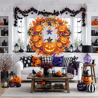 Eiflow Acrylic Diamond Art Hanging Kit for Adults, DIY Diamonds Painting Door Hanger Board Kit, Special Crystal Diamond Art Painting Pendant Ornament (Pumpkin Wreath) - color: Pumpkin Wreath
