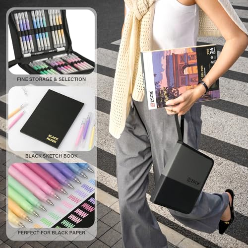 ZSCM 24 Colors 3D Acrylic Gel Pens & Black Paper Sketchbook for Drawing - color: 24 Packs-Dull