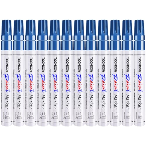 TOOMGGA 12 Blue Paint Pens Permanent Paint Markers, Oil Based Medium Tip | Marking Pens, Quick Drying, Waterproof, Fade-resistant, for Rock Painting, Car Tyre, Metal, Plastic, Canvas, Wood, Glass - color: Blue