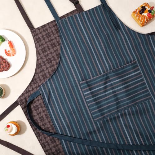 2 Pack Waterproof Kitchen Apron, Striped Bib Apron with 2 Pockets | Lightweight Polyester, Ideal for Cooking, Baking, BBQ, Dishwashing, Gardening, Cafe Work - color: Dark Blue Vertical Stripe/Brown Plaid