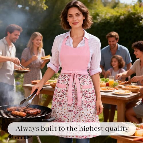 Cute Floral Apron for Women with Pockets, Cotton, Adjustable Straps - color: Rose Pink