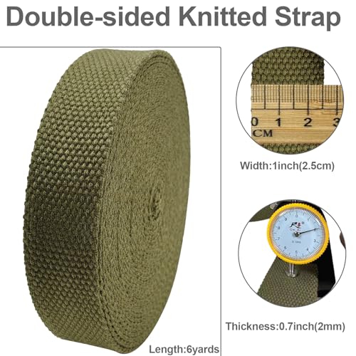 Heavy‑Duty Cotton Webbing Strap 1''x6yds Olive Green for Bags | 2mm thick webbing for dog collars, backpack, bag handles, apron straps, slings, sewing repairs & DIY craft projects. - color: Olive Green