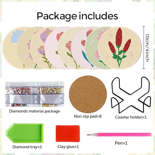 DOTSOPS 8 Pcs Flowers Diamond Art Coasters for Adults with Holder 4 in - color: Flowers-A