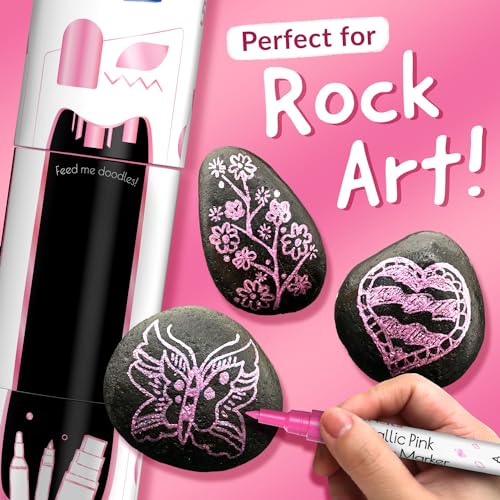 5 Acrylic Metallic Pink Paint Pen Markers for Rocks, Canvas, Wood | Extra Fine Tip, Thin & Jumbo (1mm, 3mm, 6mm, 10mm, 15mm) - Paint Markers for Metal, Plastic, Fabric, Glass - Permanent Marker - color: Metallic Pink
