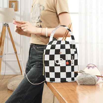 Checkered Black Yarn Bag Small Crochet Bag Drawstring Yarn Storage Organizer Knitting Project Bags Potable Yarn Holder with Holes Handle Crocheting Needles Knitting Accessories - color: Checkered Black