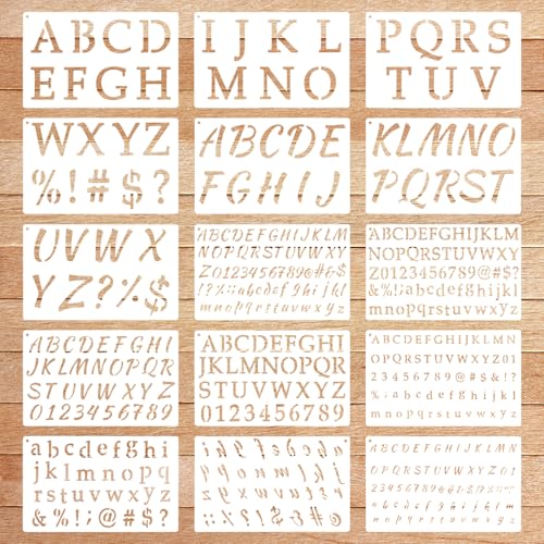 15 Pack Letter Stencils for Painting, Reusable Small Alphabet Stencils Plastic Letter and Number Stencil Templates Kit for Scrapbook, DIY Crafts, Art Projects (1/2, 3/4, 1, 2 Inch)