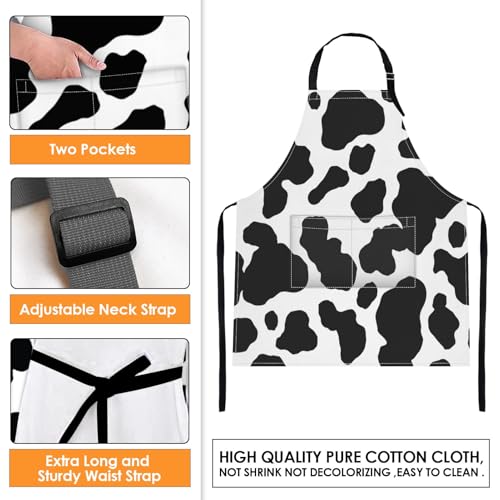Apron with Pockets, 32x28 inch, for Women Men, Black White Cow | Spots Dalmatian Animal Milk Waterproof Adjustable Bib Aprons for Kitchen Cooking Baking Painting Gardening - color: Cow Spot