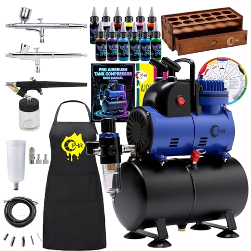 Complete Airbrush Compressor with 3 Airbrushes, Tank, Paint & Holder | Includes 3.2L Air Tank, 12 Colors Paint Set, Cleaning Tools & Mixing Wheel for Model Hobby, Crafts, Shoes, Helmet & Body Art