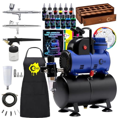 Complete Airbrush Compressor with 3 Airbrushes, Tank, Paint & Holder | Includes 3.2L Air Tank, 12 Colors Paint Set, Cleaning Tools & Mixing Wheel for Model Hobby, Crafts, Shoes, Helmet & Body Art