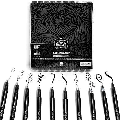 Craft 'n' Beyond Calligraphy Brush Pens Pack of 10 Markers for Hand Lettering, Art Drawing, Sketching, Scrapbooking, Writing, Journaling tip - Beginner Kit with Fadeproof Black Ink - color: Black- Pack of 10