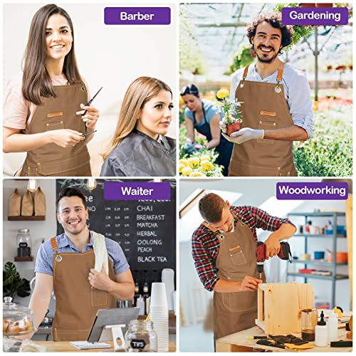 Genixart Chef Apron Men Women, Kitchen Aprons Cooking, BBQ - Brown | Box Packed, Cotton Canvas, Cafe, Bar, Workshop, Restaurant, Water & Oil Stain Resistant, Cross Back Adjustable, Large Pockets - color: Brown