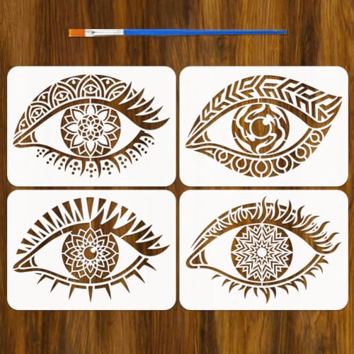 FINGERINSPIRE 4PCS Mysterious Eye Painting Stencils with Paint Brush 8.3x11.7inch Reusable Mandala Template Plastic Eyes Pattern Stencil Character Theme Template for Painting on Floor - color: Mysterious Eye