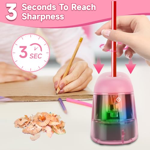 Battery-Operated Electric Pencil Sharpener with LED Light – Compact & Portable Pencil Sharpener for Home, School, or Office Use (Pink) - color: Pink