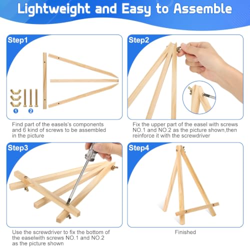 16 Pack 9 Inch Wood Tabletop Easel Canvas Stand Bulk for Painting | Tripod Art & Crafts Easel with Small Paint Brushes, Palettes Set for Sip and Paint Party, Display, Photo Picture Sign Holder