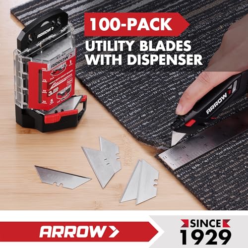 ARROW 100-Pack Utility Knife Blades, SK2 Steel Replacement Blades | Tempered Steel, Blade Dispenser, Sharp Edge, Box Cutting, Crafting, DIY Projects, Compatible Razor Knives