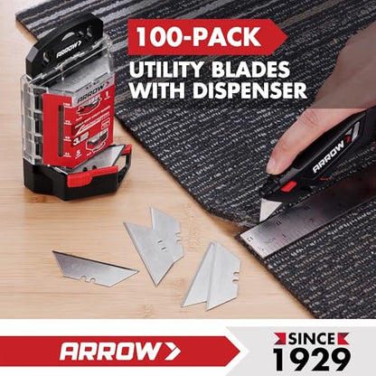 ARROW 100-Pack Utility Knife Blades, SK2 Steel Replacement Blades | Tempered Steel, Blade Dispenser, Sharp Edge, Box Cutting, Crafting, DIY Projects, Compatible Razor Knives