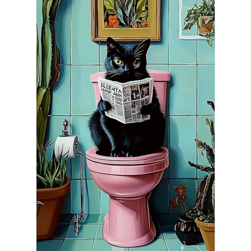 GHHKUD Diamond Painting Kits Cat on Toilet for Adults, DIY 5D Bathroom Diamond Painting, Full Drill Cat Reading Diamond Art Kits Art Pictures for Relaxation Gifts Home Wall Decor 30x40cm - color: Cat01