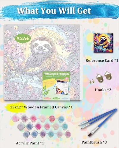 TOCARE Framed Paint by Numbers Kit for Adults Beginners,12x12inch Sloth Paint by Number with Frame,Flower Sloth Paint by Numbers Framed Canvas for Amimal Lover (Without Easel) - color: TC-F-294