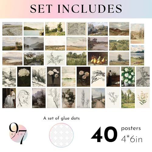 97 Decor Vintage Wall Collage Kit, 40 Pcs French Country Prints, 4x6 - color: Vintage 40x4x6, size: 6"L x 4"W Unframed