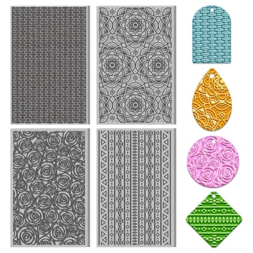 4PCS Polymer Clay Texture Sheets Set for Using with Clay Cutters, Boho Clay Texture Mats, Pottery Jewelry Making Kit DIY Creative Crafts Tools - style: Retro Pattern 1 Theme-4pcs