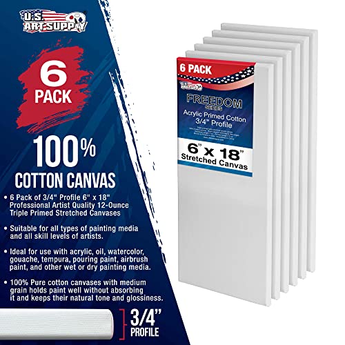 U.S. Art Supply 6 x 18 inch Stretched Canvas for Painting, 12oz Triple Primed, 6-Pack - Professional Artist Quality White Blank 3/4" Profile, 100% Cotton, Heavy-Weight Gesso - Acrylic Pouring, Oil - size: 6" x 18"
