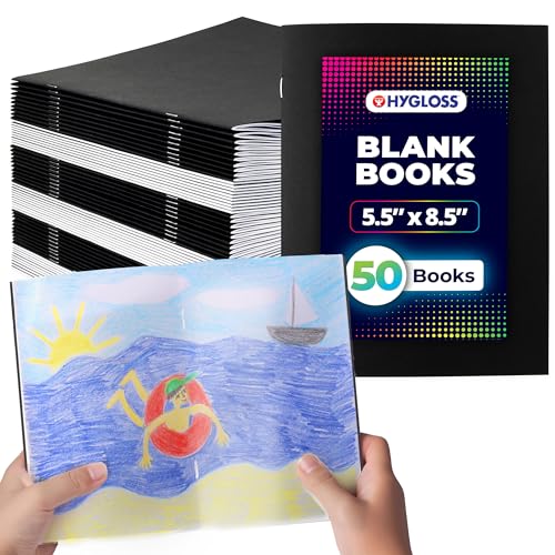 Hygloss Blank Books - Bulk 50 Pack – 5.5" x 8.5" A5 Black Paperback Blank Books for Kids to Write Stories, Doodle, Arts & Crafts – Plain Drawing Sketchbook, Unlined Journal, Notebook Without Lines - color: Black, style: 50 Books