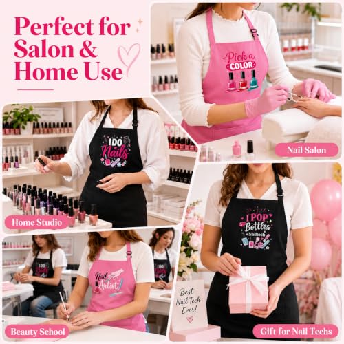 4 Pack Funny Nail Tech Aprons for Women, Waterproof Smocks with Pockets | Four fun nail artist aprons with adjustable neck straps and 2 roomy pockets for salons, beauty schools and home manicures