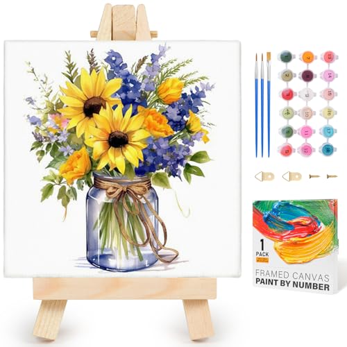 Yezavesu Flower Framed Paint by Numbers Kit for Adults Beginner & Kids Ages 8-12, Flowers Paint by Number Without Easel, DIY Adult Paint by Numbers Sunflower for Home Wall Decor Gift 10x 10 inch - color: YOP909, size: 10x10 Inch