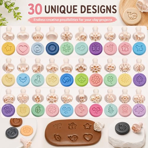 Pottery Stamps for Clay, 30 Pcs Polymer Clay Molds Set with 72 Character Letter Stamps, Floral Leaf Animal Stamp for Pottery, Ceramic, Cookie & Jewelry Making, Storage Box & Drawstring Bag - style: Classic