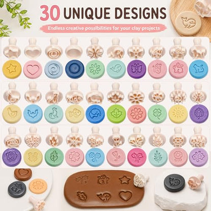 Pottery Stamps for Clay, 30 Pcs Polymer Clay Molds Set with 72 Character Letter Stamps, Floral Leaf Animal Stamp for Pottery, Ceramic, Cookie & Jewelry Making, Storage Box & Drawstring Bag - style: Classic