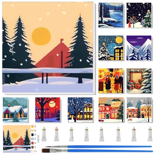 Nezyo 12 Sets Paint by Numbers Kit with Frame for Adult, 8 X 8 Inch | Easy DIY Acrylic Painting for Beginners, Ideal Birthday Gift, Art Party Classroom Activity, Winter Holiday Themed Canvas - style: Winter