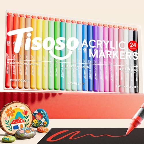 Tisoso 24 Colors Acrylic Paint Markers Brush Tip with Automatic Ink Control | Water-Based Acrylic Markers for Artist, Waterproof Paint Pens, School Classroom, DIY Art & Crafts-Fabric,Rock,Wood,Metal - color: 24 Colors