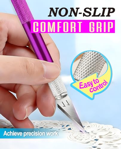 DIYSELF Craft Hobby Knife Set with 10 Extra #11 Blades, 6-Inch Metal Ruler | Exacto Knife for Crafting, Precision Cutting for Polymer Clay, Paper, Vinyl, Stencils & Models, Artists & Hobbyists, Purple - color: Purple