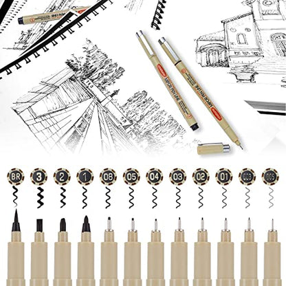 GETHPEN Micro Fineliner Set, Waterproof Archival Ink Fine Line Drawing Pens | 12 Black Fine Line Waterproof Ink Set Artist Supplies Archival Inking Markers Liner Sketch Outline Anime Manga Watercolor