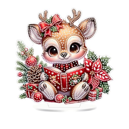 Christmas Diamond Art Kits for Adults,Fawn Reading Book Diamond Painting | Double Sided Christmas Pearl Art Kits for Adults,DIY Special Shaped Crystal Winter Desktop Decoration (7.8×7.8 In) - color: DP04729