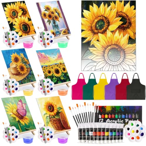 Cholemy 6 Set Paint and Sip Kit for Adults 8"x 10" Pre Drawn Canvas Painting with Wooden Easel Acrylic Paint Wash Cup Brushes Palette Apron for Painting DIY Adult's Date Party Supplies(Sunflower) - style: Sunflower