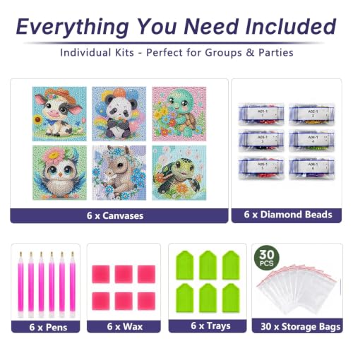 JATOK Diamond Art Kits for Kids, Gem Craft Kits, 6 Pack, Animals, 6 x 6 in - color: Amber