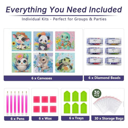 JATOK Diamond Art Kits for Kids, Gem Craft Kits, 6 Pack, Animals, 6 x 6 in - color: Amber