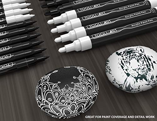 TOOLI-ART Black And White Acrylic Paint Markers Paint Pens Set For Rock Painting, Canvas, Mugs, Metal, Glass Paint, Fabric, Wood, DIY. Non Toxic, Quick Dry,Waterbas (EXTRA FINE & MEDIUM) - style: EXTRA FINE & MEDIUM