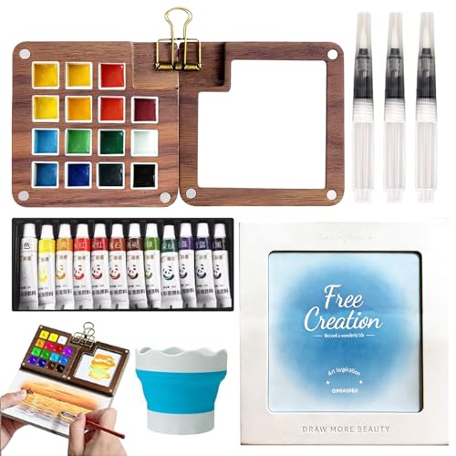 Mini Watercolor Paint Travel Set 15 Grid Palette Wooden Paint Box | Wooden Grid Paint Box with Refillable Water Brush，12 Colors，Wooden Palette，Sketchbook for Kids Painters Students - color: 15 Grid
