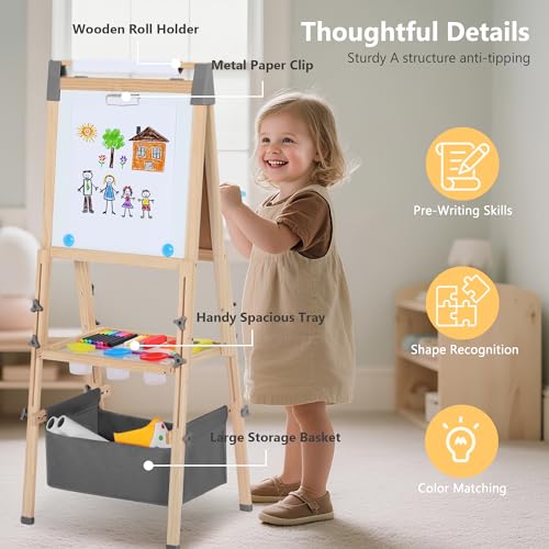 Kinder King Adjustable Wooden Kids Art Easel, Art Supplies, Storage (Grey) - color: Grey