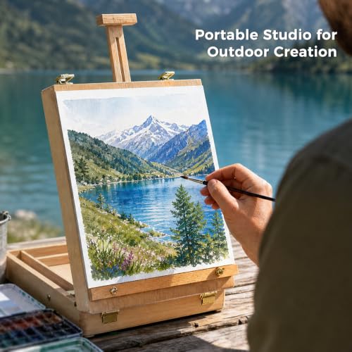 Wooden Tabletop Easel, Adjustable Sketch Box Easel with Storage Compartment | Adjustable Angle Design, Fits A4, A3 Sketch Boards,Portable Art Easel Painting for Classrooms, Studios and Outdoor Sketching