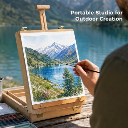 Wooden Tabletop Easel, Adjustable Sketch Box Easel with Storage Compartment | Adjustable Angle Design, Fits A4, A3 Sketch Boards,Portable Art Easel Painting for Classrooms, Studios and Outdoor Sketching