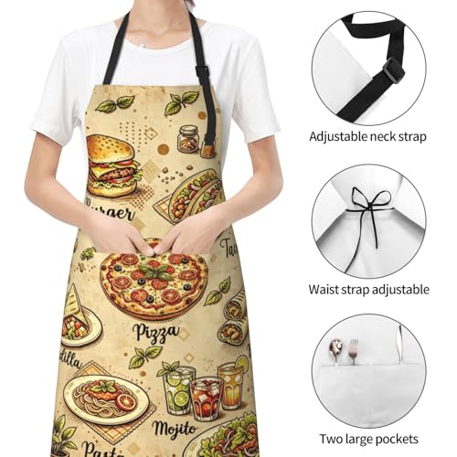 Funny Apron Polyester Grooming Aprons with Pocket for Cooking Kitchen Grilling Adults - color: Retro Menu Colorful