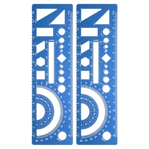 HARFINGTON 2pcs Multifunctional Geometric Rulers 15cm Metric and SAE Aluminum Straight Edge Protractor Angle Math Measuring Rulers Geometric Drawings Templates for Drawing Drafting, Blue - color: Blue
