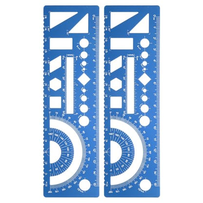 HARFINGTON 2pcs Multifunctional Geometric Rulers 15cm Metric and SAE Aluminum Straight Edge Protractor Angle Math Measuring Rulers Geometric Drawings Templates for Drawing Drafting, Blue - color: Blue