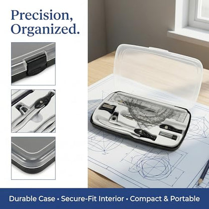 10-Piece Compass Set, Black Plastic Case, Precision Geometry Kit for Drafting, Engineering, Drawing & Technical Design – Includes Compasses, Rulers, Protractor, Pencil, Eraser & Sharpener