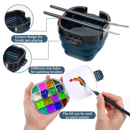 2 PCS Airtight Paint Saver Storage Palette Box, 16 Well Palette Box with Lid, Include Paint Brush Basin, Perfect for Gouache, Acrylic, Watercolor and Oil Painting (Blue, Black)